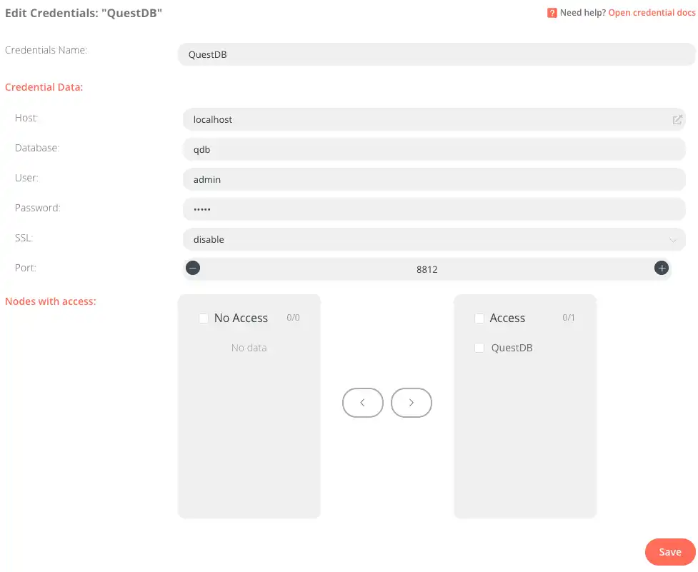 A credentials submission form for connecting n8n.io to QuestDB