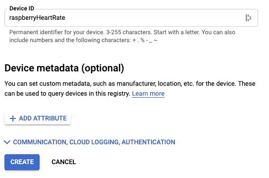 A screenshot of adding a device to IoT Core in Google Cloud Platform